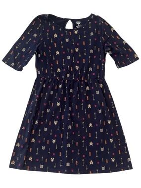 Old Navy Girls Dress Size 8 Navy Blue Gold Pink Arrow Print Short Sleeve Casual